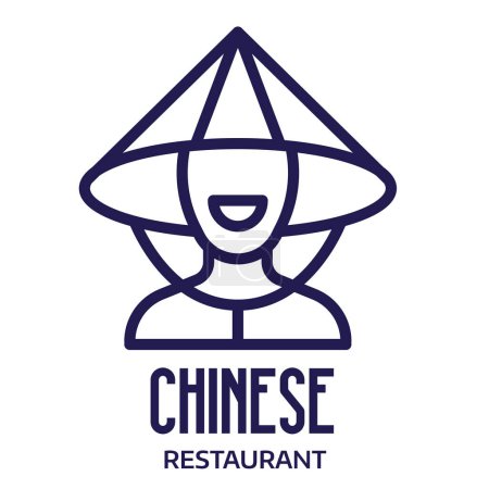 Téléchargez les illustrations : Icône de l'homme chinois avec un gars souriant dans le chapeau traditionnel de Chine. Modèle de logo de restaurant asiatique avec paysan vietnam heureux dans la conception d'art de ligne. - en licence libre de droit