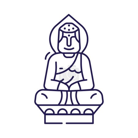 Ilustración de Icono de meditación de la estatua de Buda en estado zen. Logo de salud mental o plantilla de emblema con estatua de dios budista en pose de loto en línea de arte. - Imagen libre de derechos