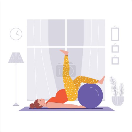 Pregnant woman doing fitness exercises using fitball at home. Female practicing yoga asana on yoga mat in living room cozy interior with window and plants. Prenatal yoga practice workout scene.