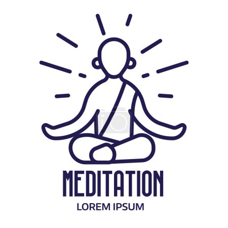 Téléchargez les illustrations : Icône de méditation avec moine tibétain en état zen. Maîtrise de soi et santé mentale logo ou modèle d'emblème avec le gars dans la pose de lotus de yoga dans l'art linéaire. - en licence libre de droit