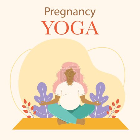 Téléchargez les illustrations : Flyer ou carte de yoga prénatal avec une femme enceinte assise dans une pose de lotus faisant de la méditation de yoga. Femme assise dans la pose de lotus avec les mains namaste. - en licence libre de droit