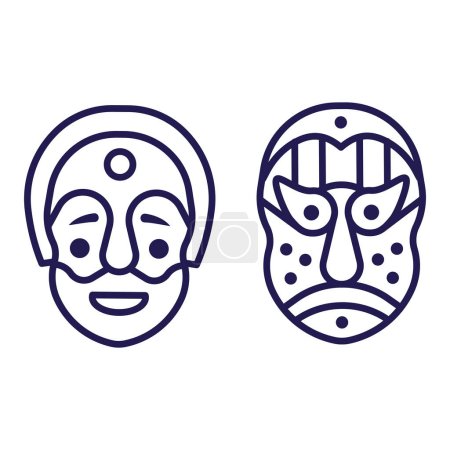 Téléchargez les illustrations : Masques japonais traditionnels de théâtre. Asiatique kabuki masque icônes en ligne art. - en licence libre de droit
