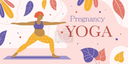 Illustration for Active pregnant woman doing yoga asana horizontal banner. Red-haired female standing in Warrior 2 pose. Prenatal yoga practice workout. Happy pregnancy concept, banner or poster template design. - Royalty Free Image