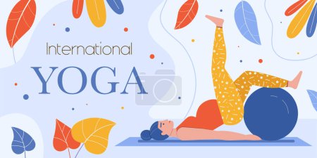 Illustration for Active pregnant woman doing fitness exercises using fitball horizontal banner. Prenatal yoga practice workout with gymnastic ball. Happy pregnancy concept. Header, banner or poster template design. - Royalty Free Image