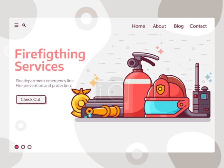 Illustration for Firefighting services web banner with fire fighter equipment. Fire department landing page template with helmet, extinguisher, hydrant and fireman badge in line art design. - Royalty Free Image