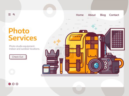 Illustration for Photo studio services web banner with digital photography professional equipment. Photographer website landing page template with camera, lens, softbox, cleaning kit and photo bag. - Royalty Free Image
