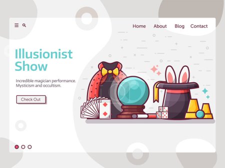 Illustration for Illusionist performance web banner with magician equipment and tools. Such as black hat with rabbit ears, mystic ball, conjurer wand, playing cards and dice. Magic show landing page template. - Royalty Free Image