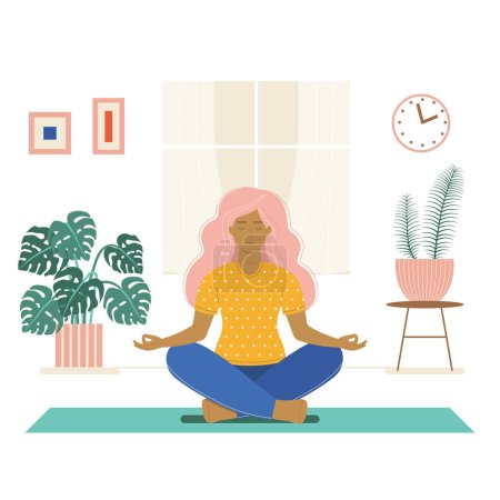 Illustration for Young woman practicing yoga doing lotus pose at home. Girl sitting in meditation asana on yoga mat in living room cozy interior with window and plants. Home workout healthy lifestyle scene. - Royalty Free Image
