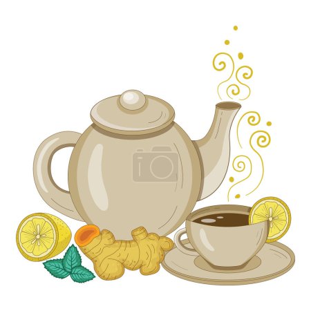 Illustration for Teapot and cup of tea with ginger root and lemon. Teacup with hot herbal drink, lemon slice, fresh mint leaves and turmeric. Hand-drawn illustration with healthy organic beverage in ceramic tea set. - Royalty Free Image