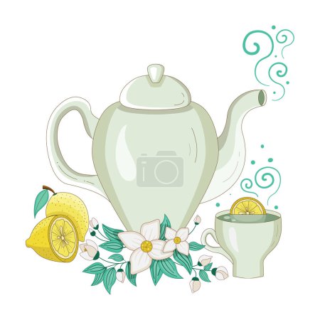 Ilustración de Teapot and cup of tea with jasmine flowers, buds and citrus. Teacup with hot herbal drink, lemon slice and fresh blooming brunch. Hand-drawn illustration with healthy organic beverage in ceramic tea - Imagen libre de derechos
