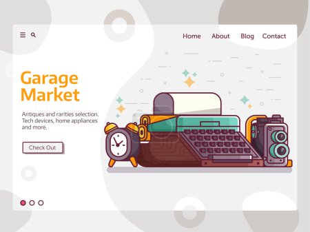 Illustration for Garage flea market or antiques shop banner with vintage things and objects. Old rarity elements landing page template with lens camera, gramophone, typewriter and telephone. - Royalty Free Image