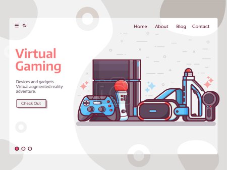 Illustration for Augmented reality and virtual gaming web banner with VR devices and gadgets. Cyberspace and virtual reality landing page template with gamer elements. Such as headset, controllers and console. - Royalty Free Image