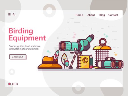 Illustration for Birding web banner with birdwatcher equipment and elements. Travel scope, binoculars, birder hat and feathers. Ornithology and birdwatching landing page template in line art design. - Royalty Free Image