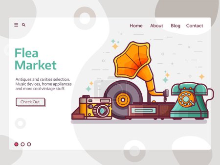 Téléchargez les illustrations : Flea market banner with vintage things and objects. Antiques and rarities store landing page template with lens camera, gramophone, typewriter and telephone in line art. - en licence libre de droit