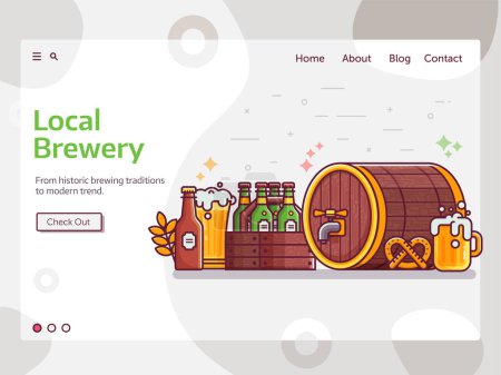 Illustration for Local beer brewing web banner with bottles, full glass of craft beer, wooden keg or barrel and wheat. Beer pub or traditional brewery landing page template in line art. - Royalty Free Image