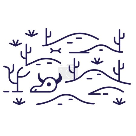 Téléchargez les illustrations : Abstract desert icon in line art with dunes, skull and cacti. Drought or no water concept linear illustration. - en licence libre de droit