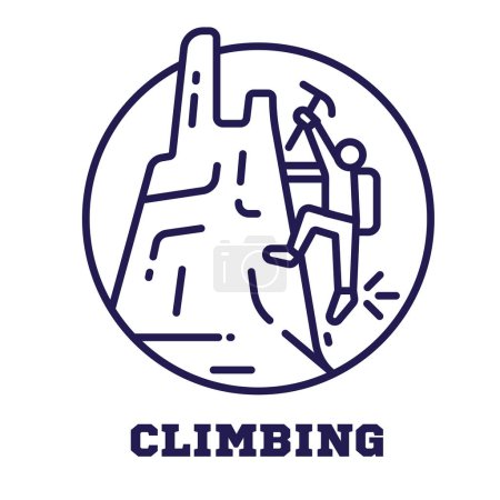 Ilustración de Rock climbing circle icon with mountaineer climb to mountain peak. Mountaineering logo or emblem template with alpinist in line art. - Imagen libre de derechos