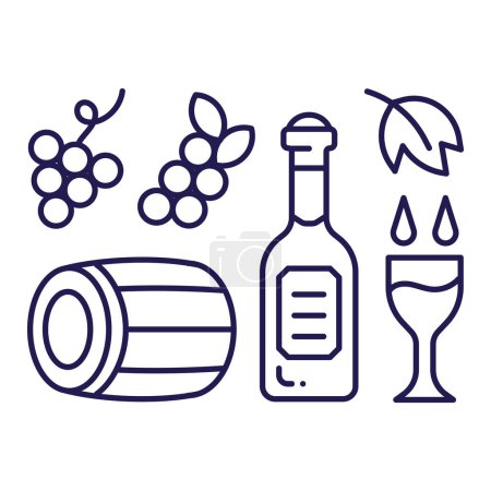 Ilustración de Wine making icons set including wine bottle, grapes and barrel in line art. Winery design elements collection. - Imagen libre de derechos