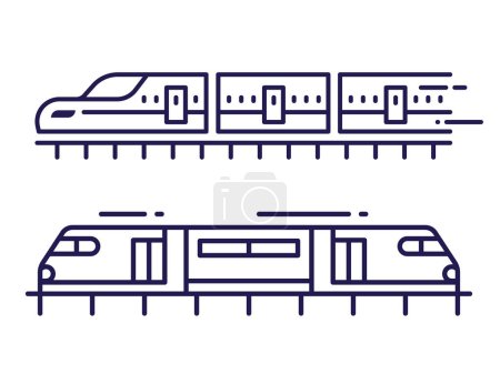 Illustration for High speed electric railway train icons in line art. Modern city fast railroad subway wagons. - Royalty Free Image