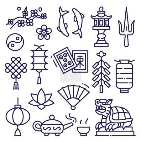 Téléchargez les illustrations : China icons set with religious and astrological clip art elements in line art. Asian cultural and traditional symbols collection. - en licence libre de droit
