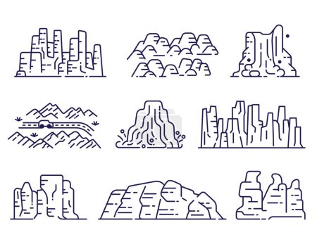 Téléchargez les illustrations : Different mountain ranges, rock peaks and cliffs icon collection in line art. - en licence libre de droit