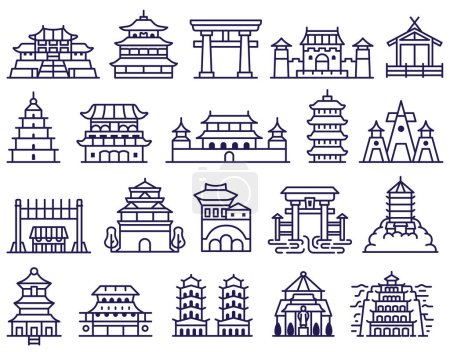 Illustration for Traditional Chinese and Japanese temples and palaces icons. Asian historic buildings collection including pagoda, fortress, samurai castle and other architectural monuments in line art style. - Royalty Free Image