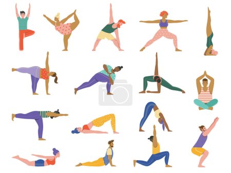 Ilustración de Diverse people doing common yoga poses set. Men and women of different body types and ethnic practicing popular asanas. Characters doing exercises and stretching during fitness. - Imagen libre de derechos