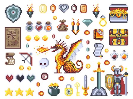 Illustration for Pixel art fantasy rpg adventure game design elements collection. 8 bit dungeon crawler game sprites and assets with hero knight, fire breath dragon, treasures, health bar, potions and weapon. - Royalty Free Image