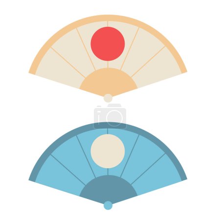 Ilustración de Abanicos plegables japoneses iconos. Ventilador tradicional de Japón ilustración vectorial aislado. Diseño de dibujos animados vintage Uchiwa. - Imagen libre de derechos
