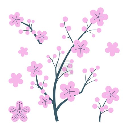 Illustration for Japanese cherry blossom branches cartoon illustrations. Hand drawn pink sakura flowers isolated on white background. - Royalty Free Image