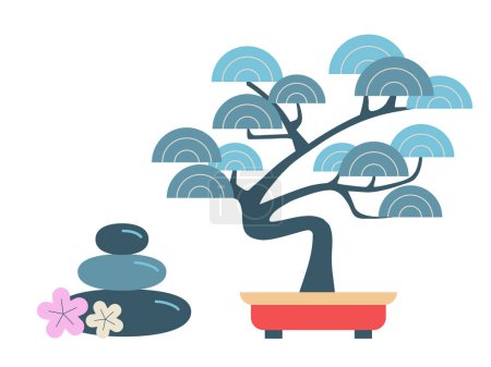 Ilustración de Traditional japanese bonsai garden and round stones pile illustration. One of Japan national symbols. - Imagen libre de derechos