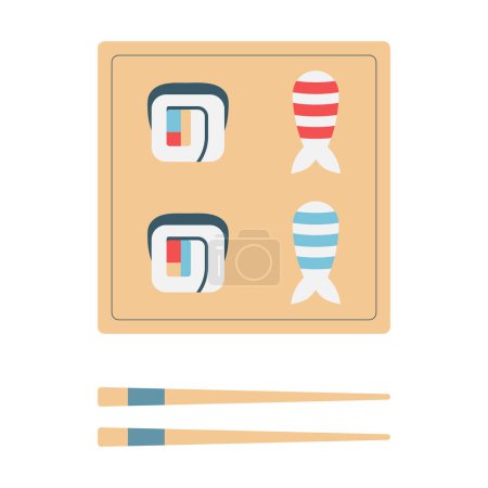 Téléchargez les illustrations : Traditional japanese food and chopsticks icons. Mini sushi set illustration. Rolls set on wood board isolated on white background. - en licence libre de droit