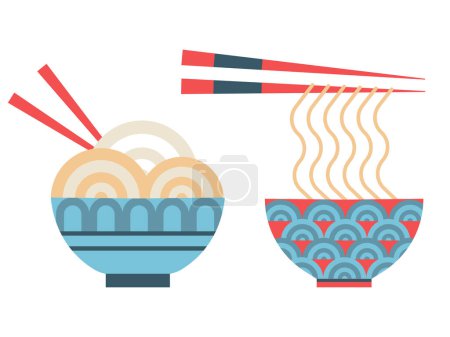 Ilustración de Chinese and vietnamese noddles with chopsticks. Asian noodle soup bowl icon. - Imagen libre de derechos