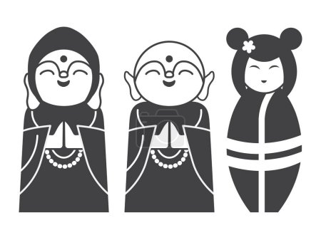 Téléchargez les illustrations : Poupée traditionnelle japonaise kokeshi geisha et mignon moine Jizo avec les mains serrées dans la prière. Bodhisattva Bouddha asiatique souvenir statue contour illustration. - en licence libre de droit