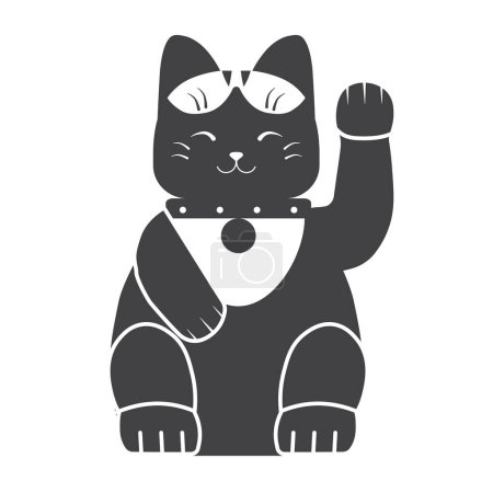 Téléchargez les illustrations : Traditional japanese maneki neko outline illustration. Japan souvenir fortune cat with raised paw. - en licence libre de droit