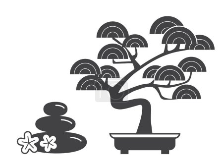 Illustration for Traditional japanese bonsai garden and round stones pile outline illustration. One of Japan national symbols. - Royalty Free Image