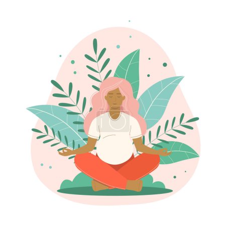 Ilustración de Prenatal yoga scene with pregnant woman sitting in lotus pose doing yoga meditation. Female sits in lotus pose with namaste hands. - Imagen libre de derechos