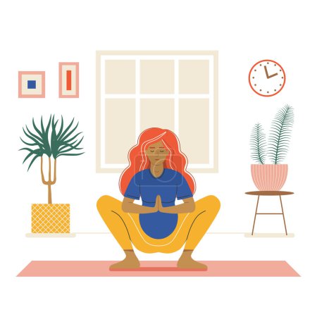 Ilustración de Young woman practicing yoga in sitting pose at home. Girl sits in meditation asana on yoga mat in living room cozy interior with window and plants. Home workout healthy lifestyle scene. - Imagen libre de derechos