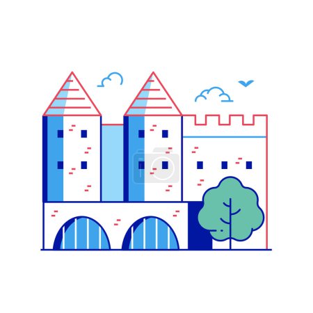 Illustration for Medieval fortress with towers icon inspired by Warsaw Barbican. Fortified castle stronghold in line art design. Ancient historical fort tourist landmark emblem. - Royalty Free Image