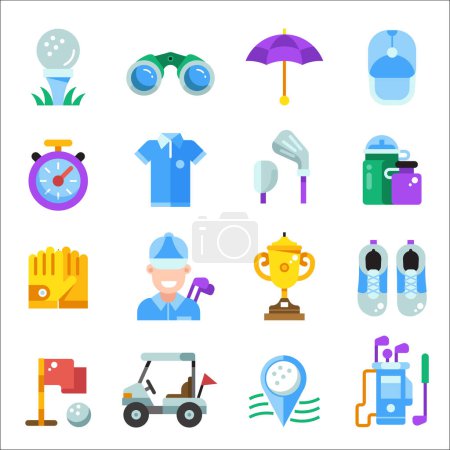 Illustration for Golf icons with equipment, clothes and gear. Golfing icon set in flat design including golf club, ball, golfer, bag, umbrella and other accessories. - Royalty Free Image