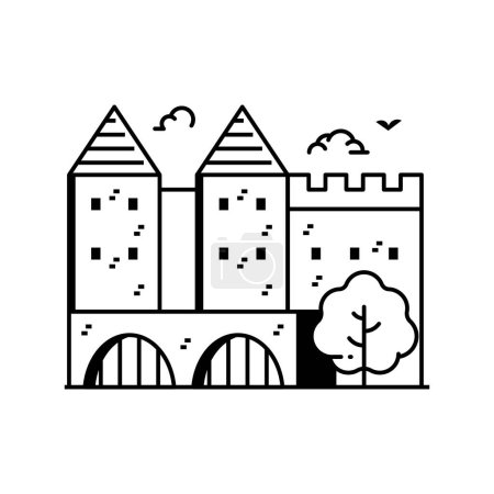 Ilustración de Fortaleza medieval con torres icono inspirado en Varsovia Barbican. Fortificado castillo fortaleza en la línea de diseño de arte. Antiguo emblema histórico del fuerte turístico. - Imagen libre de derechos