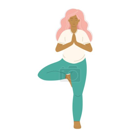 Ilustración de Mujer embarazada de pie sobre una pierna en pose de yoga. Meditación del embarazo y Mujer joven haciendo meditación del embarazo. - Imagen libre de derechos