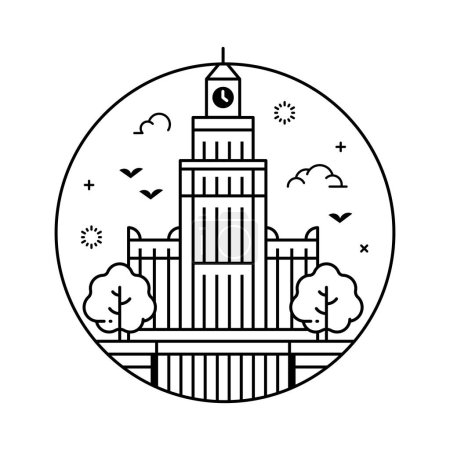 Illustration for Warsaw or Riga icon inspired by Palace of Culture and Science building. Thin line Poland capital tourist landmark circle emblem with downtown skyline view. - Royalty Free Image