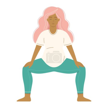 Ilustración de Mujer embarazada de pie en postura de meditación de yoga. Embarazo chica meditación aislado en blanco. - Imagen libre de derechos