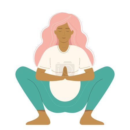 Téléchargez les illustrations : Femme enceinte assise dans une pose de lotus faisant de la méditation de yoga. Femme assise dans la pose de lotus avec les mains namaste. - en licence libre de droit