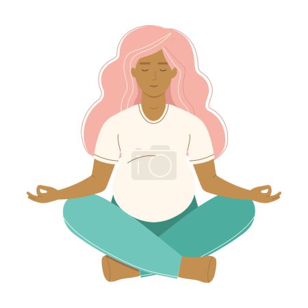 Téléchargez les illustrations : Femme enceinte assise dans une pose de lotus de yoga faisant de la méditation de yoga. Femme assise dans la pose de lotus avec les mains namaste. - en licence libre de droit