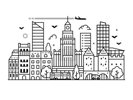 Ilustración de Skyline de Varsovia con rascacielos, edificios de oficinas y transporte. Ciudad moderna paisaje urbano del centro. Capital polaca paisaje urbano con centro de negocios distrito en línea diseño de arte. - Imagen libre de derechos