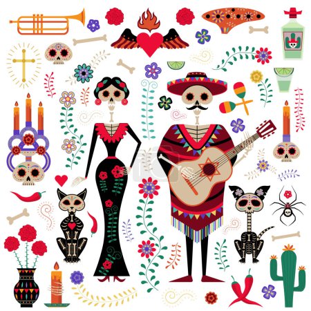 Illustration for Mexican Day of the Dead festival celebration set with skeletons in traditional mexican cloths and sombrero, skulls, musical instruments, flaming candles, flowers, ornaments and symbols. - Royalty Free Image