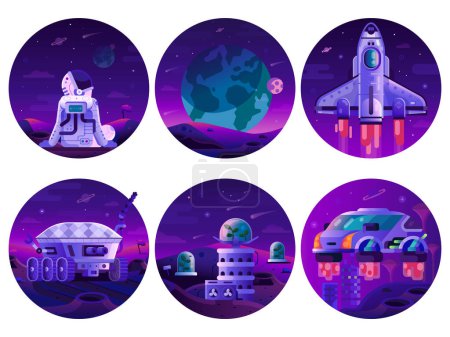 Raumfahrerikonen mit Mond-Rover, Shuttle, Astronaut, futuristischem fliegendem Auto und Planetenoberfläche. Universum erforscht Mission und Entdeckung von Galaxienhorizonten Gradienten Szenen Sammlung.