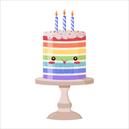 Illustration for Cute Birthday celebration cake character. Smiling kawaii cartoon rainbow cake with burning candles, funny multicolored layered dessert. Happy footed cake in sweet expression with tongue sticking out. - Royalty Free Image